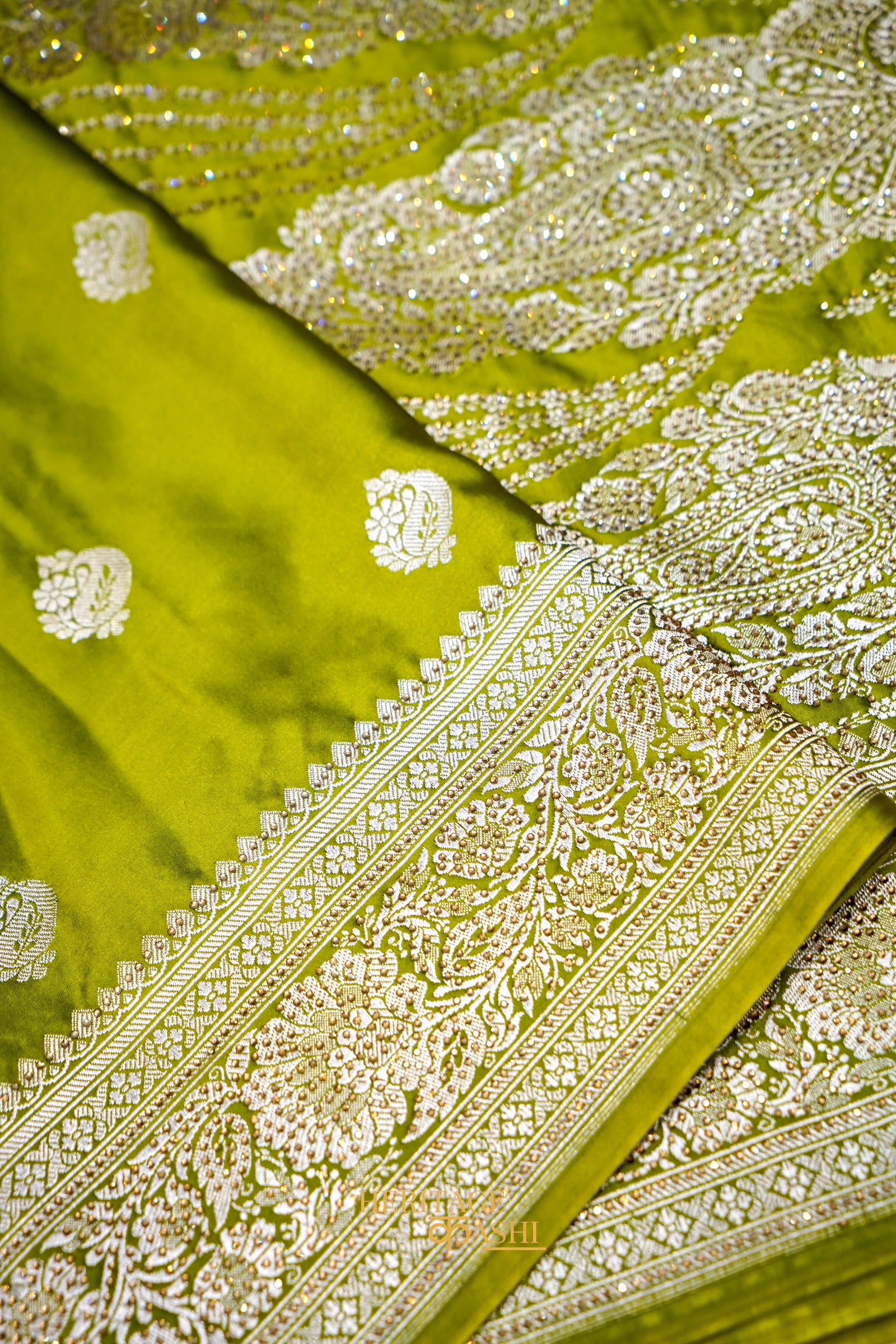 Olive Green Swarovski Stone Work Mashru Banarasi Silk Saree