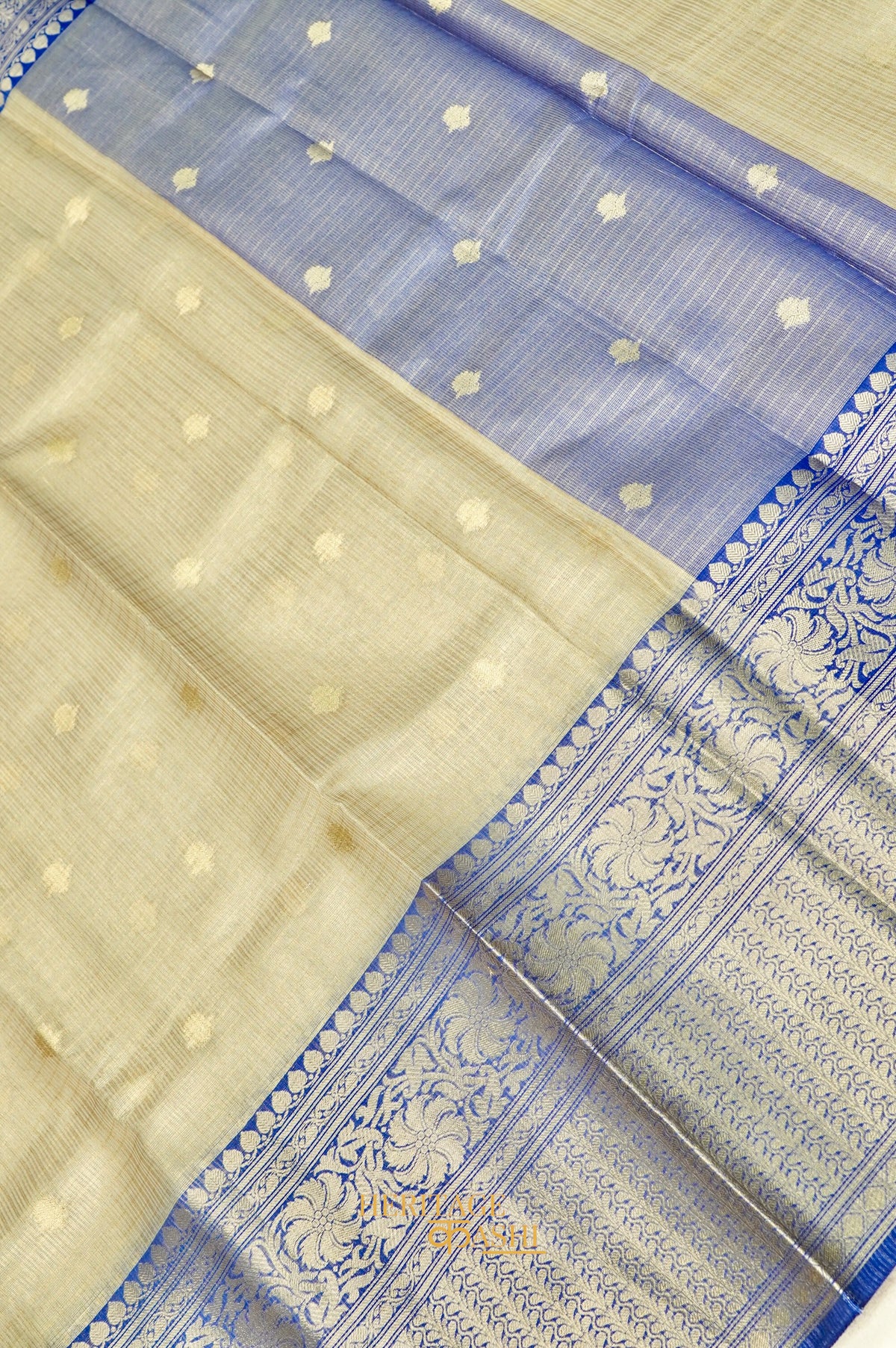 Ivory Tissue Kota Banarasi Silk Saree with Blue Zari Border & Zari Buti.