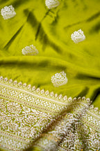 Olive Green Swarovski Stone Work Mashru Banarasi Silk Saree