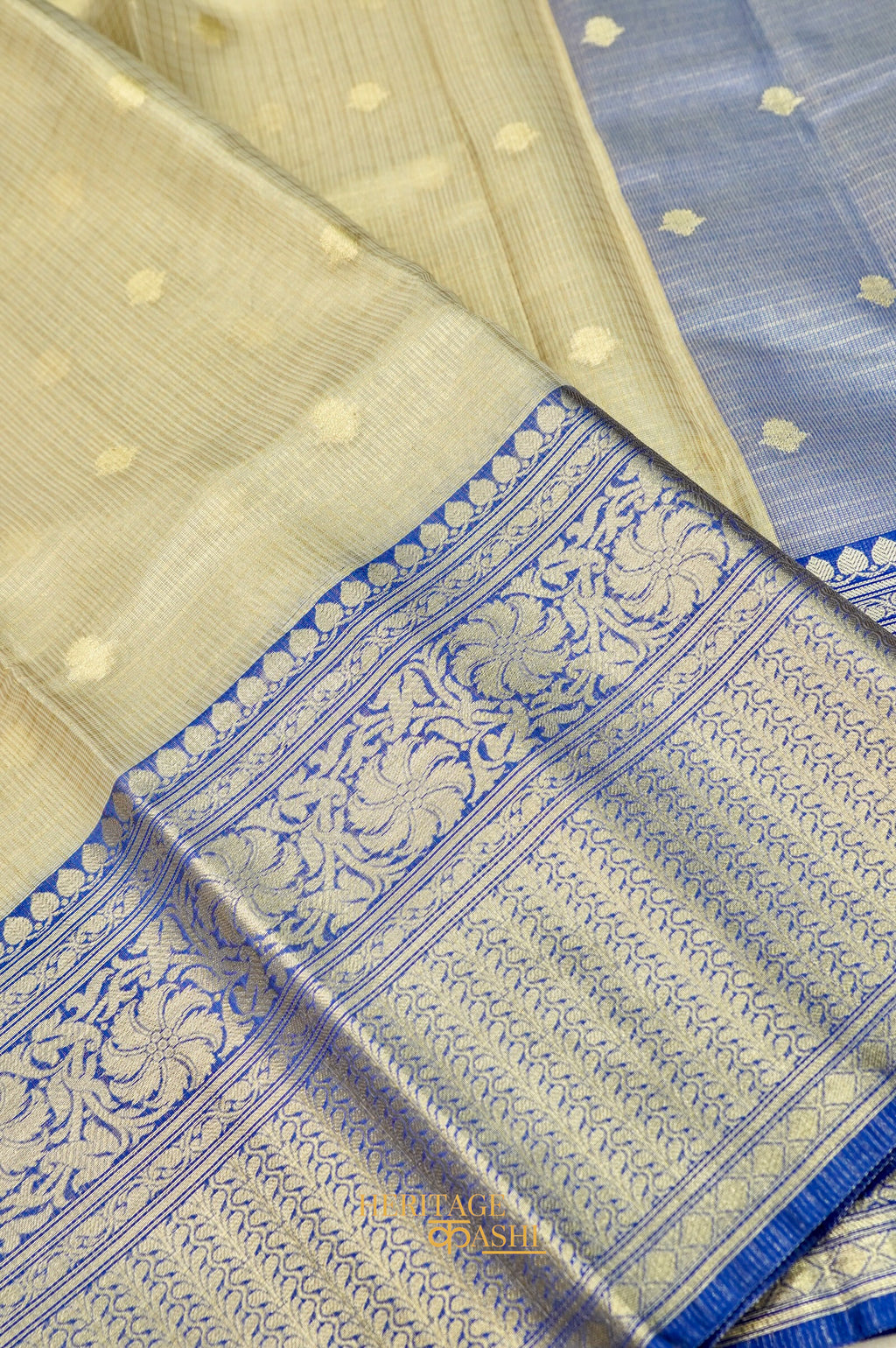 Ivory Tissue Kota Banarasi Silk Saree with Blue Zari Border & Zari Buti.