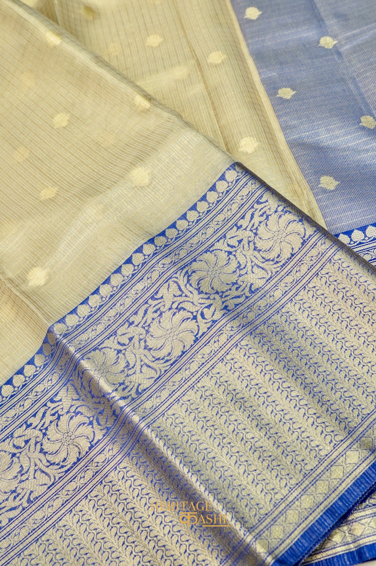 Ivory Tissue Kota Banarasi Silk Saree with Blue Zari Border & Zari Buti.