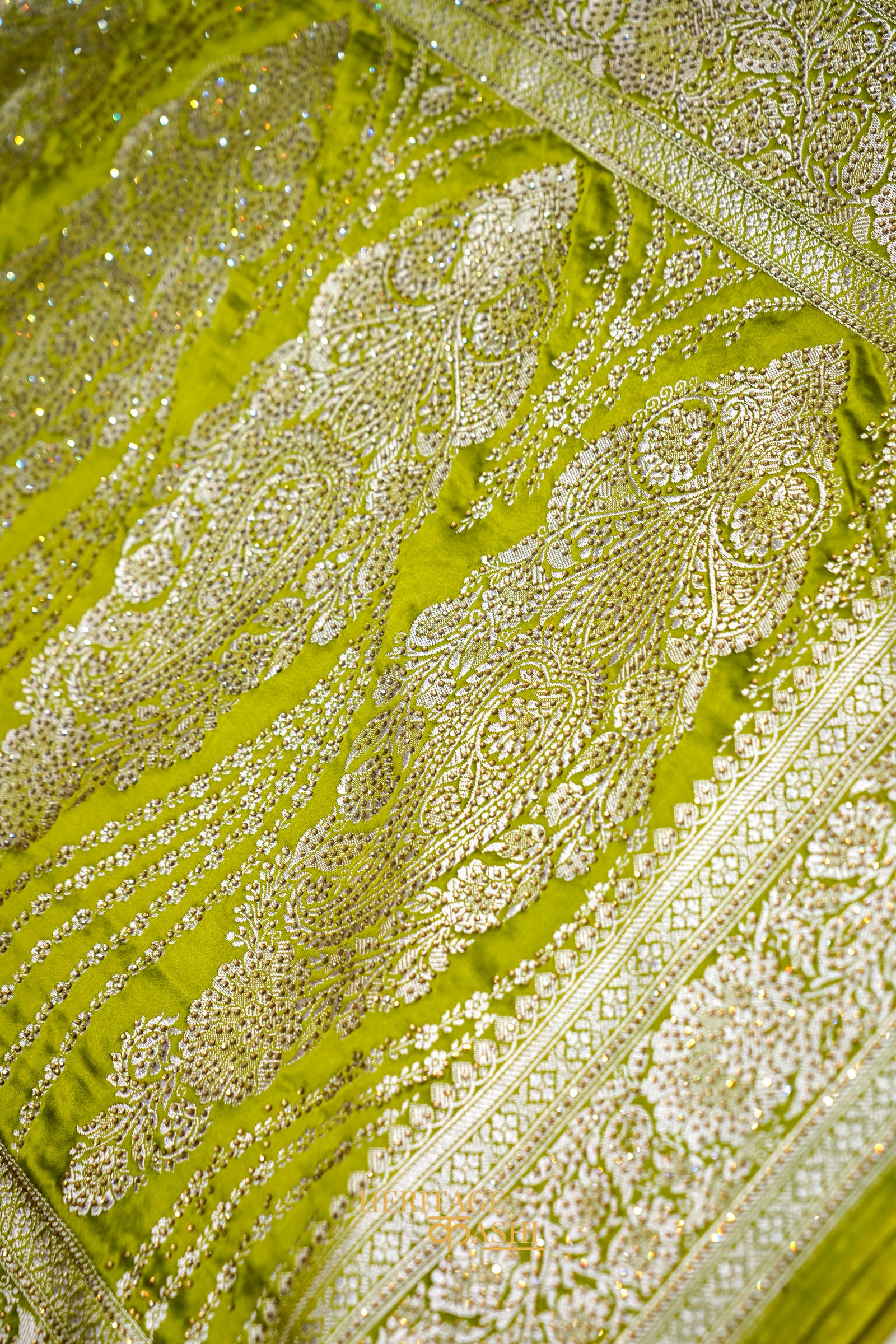 Olive Green Swarovski Stone Work Mashru Banarasi Silk Saree