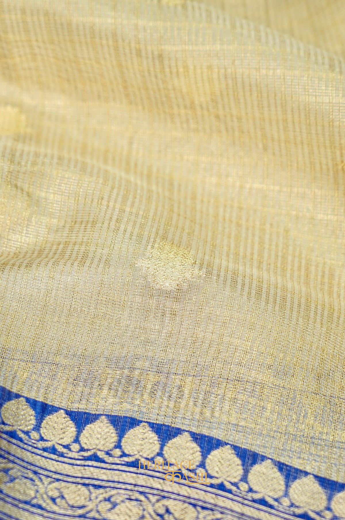 Ivory Tissue Kota Banarasi Silk Saree with Blue Zari Border & Zari Buti.