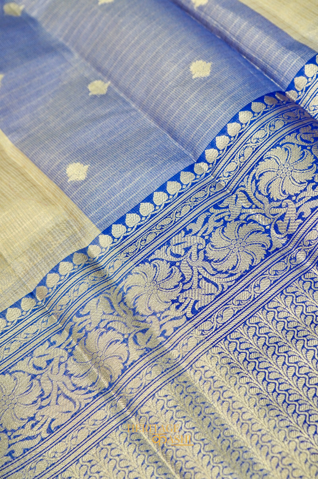 Ivory Tissue Kota Banarasi Silk Saree with Blue Zari Border & Zari Buti.
