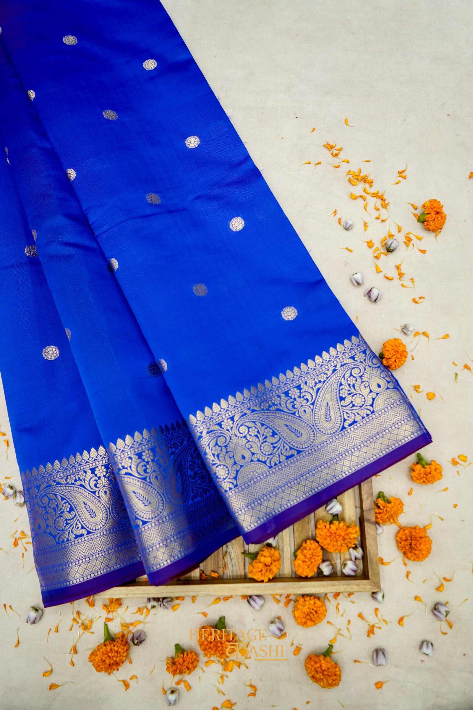 Blue Katan Banarasi Silk Saree with Rich Paisley Zari Border