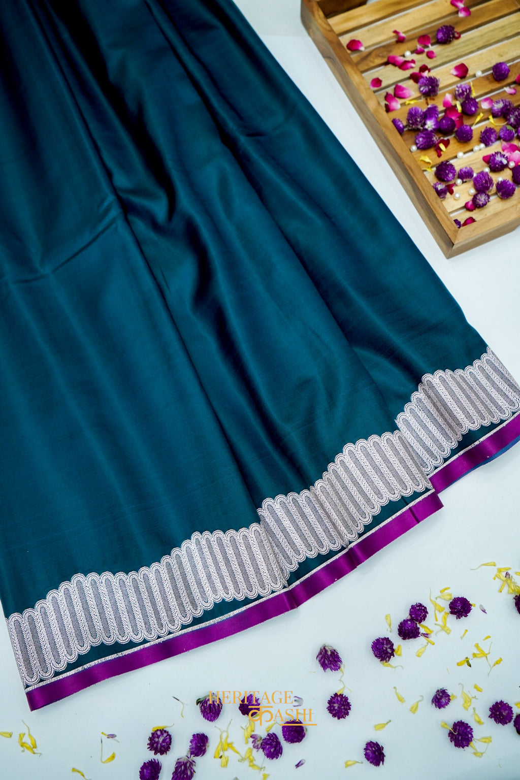 Deep Teal Blue Soft Katan Designer Border Silk Saree
