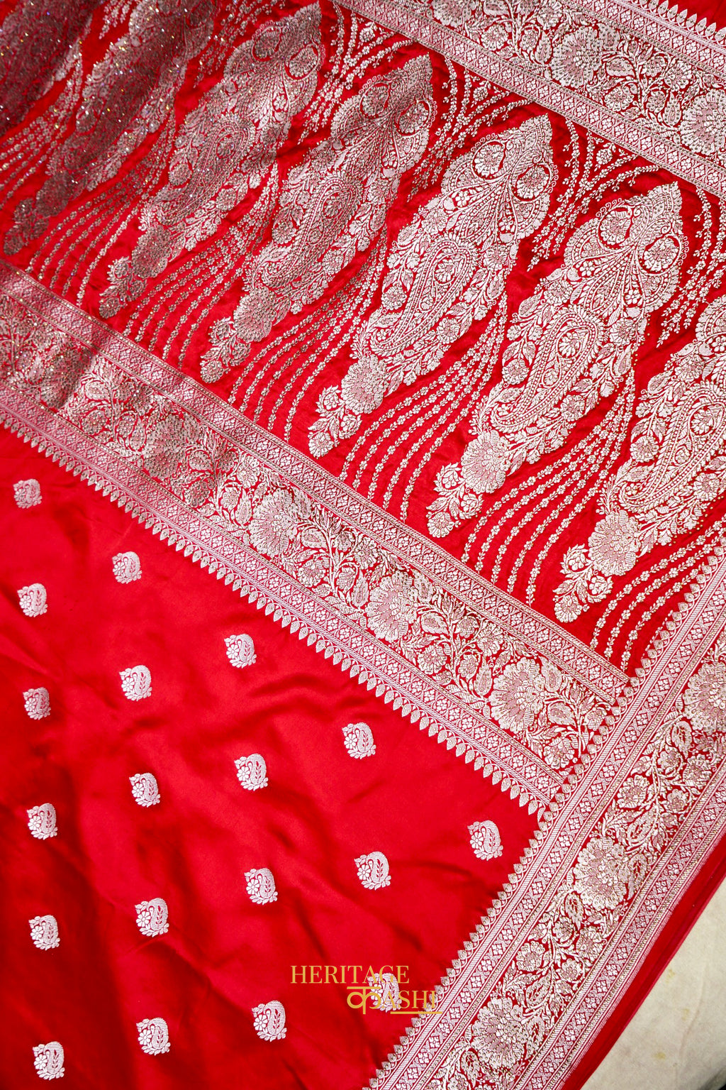 Scarlet Red Swarovski Stone Work Mashru Banarasi Silk Saree
