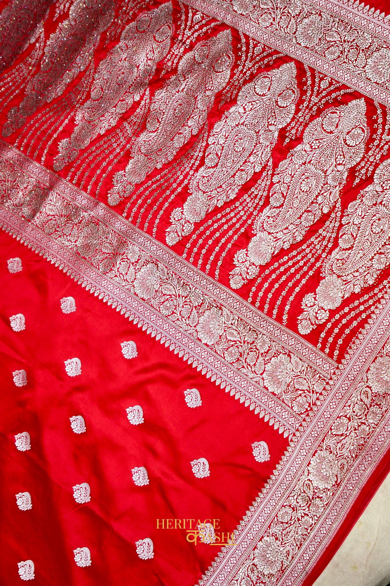 Scarlet Red Swarovski Stone Work Mashru Banarasi Silk Saree