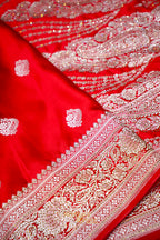 Scarlet Red Swarovski Stone Work Mashru Banarasi Silk Saree