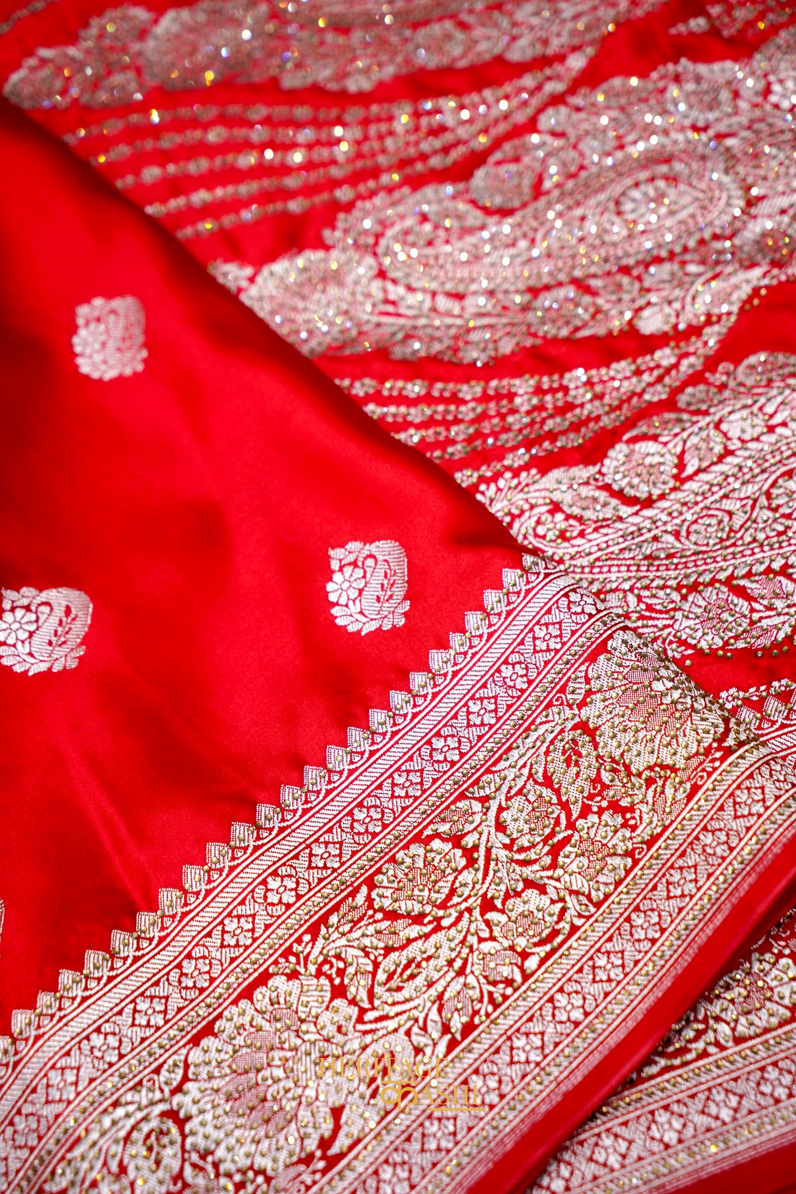 Scarlet Red Swarovski Stone Work Mashru Banarasi Silk Saree