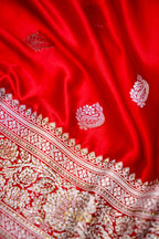 Scarlet Red Swarovski Stone Work Mashru Banarasi Silk Saree