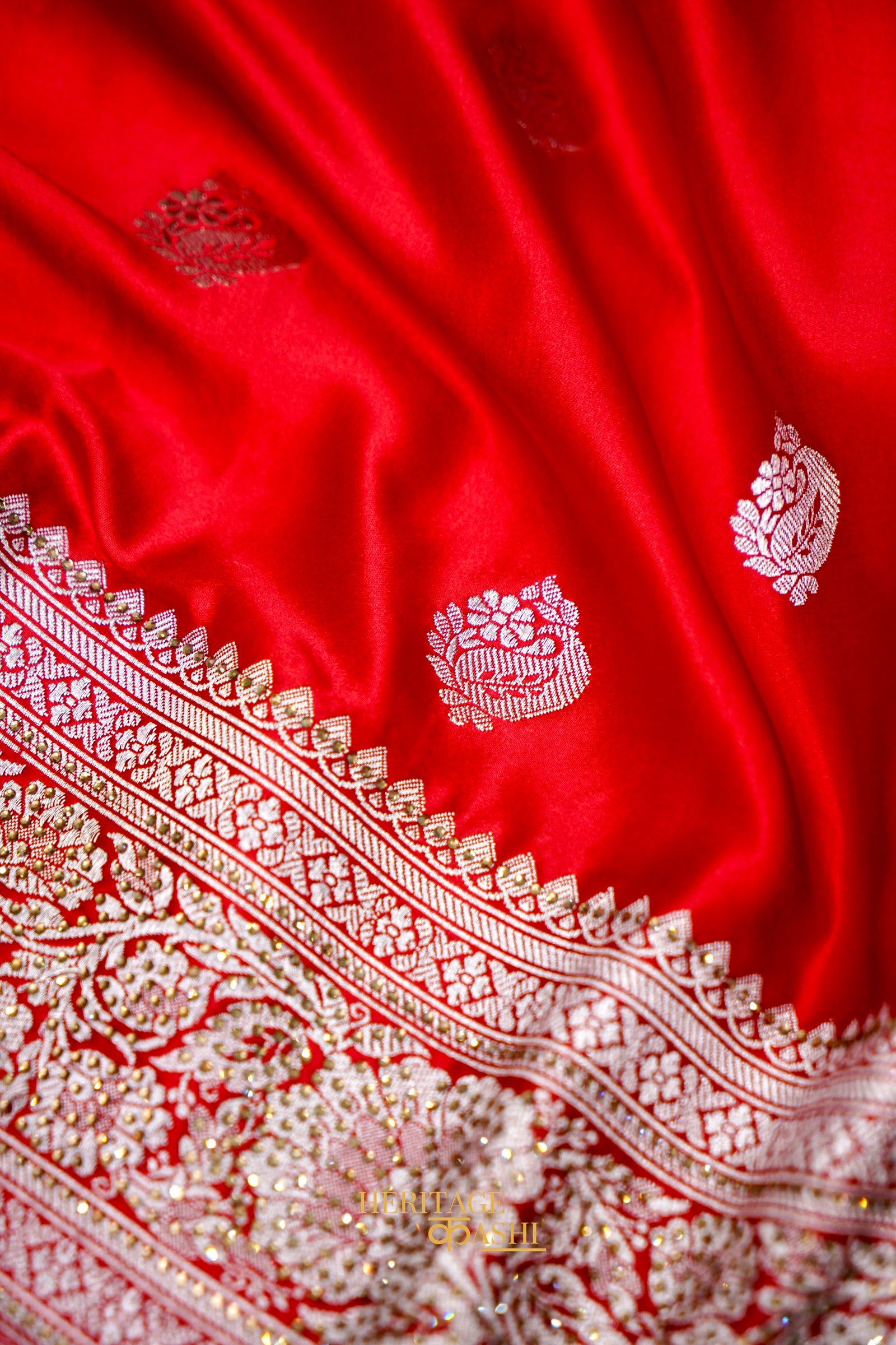 Scarlet Red Swarovski Stone Work Mashru Banarasi Silk Saree