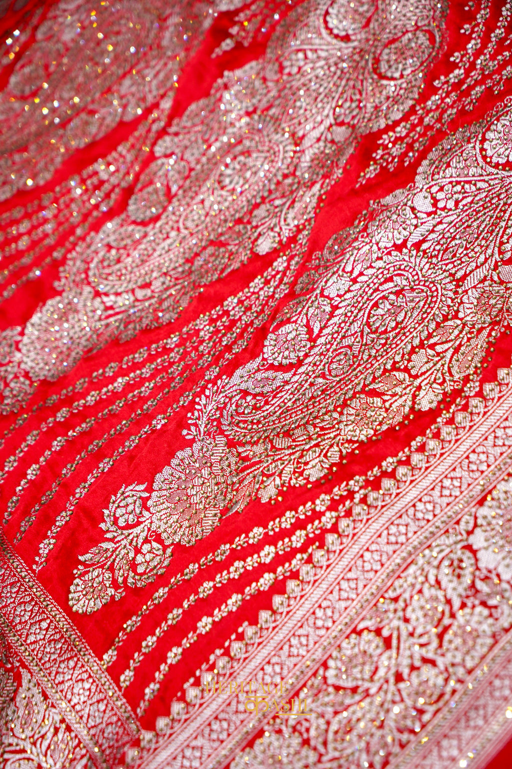 Scarlet Red Swarovski Stone Work Mashru Banarasi Silk Saree