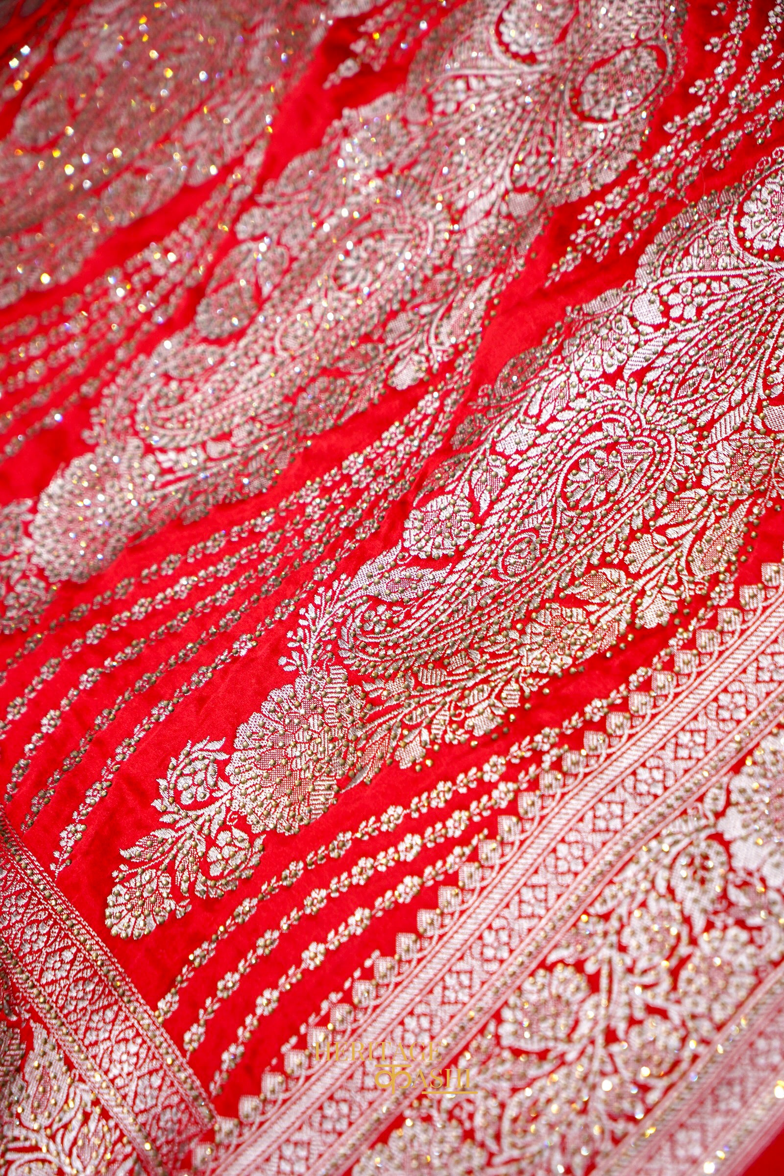 Scarlet Red Swarovski Stone Work Mashru Banarasi Silk Saree
