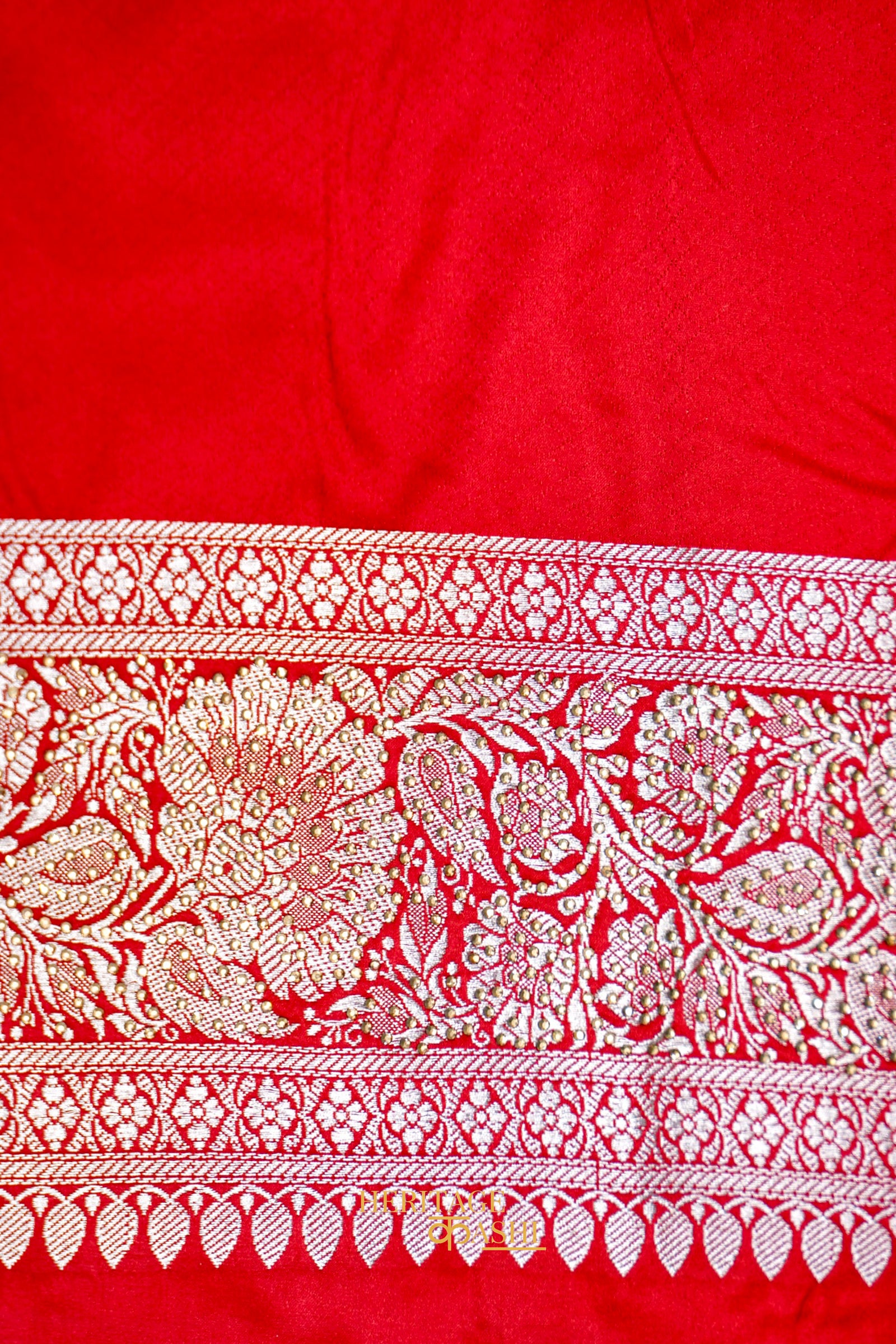 Scarlet Red Swarovski Stone Work Mashru Banarasi Silk Saree