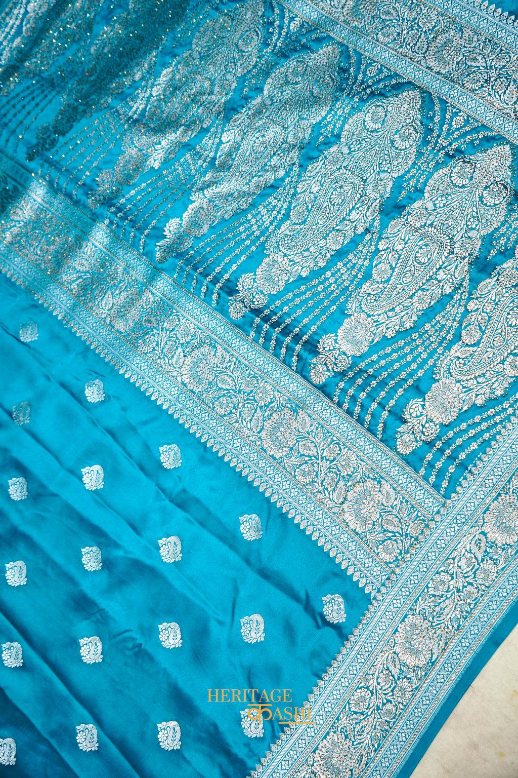 Aqua Blue Swarovski Stone Work Mashru Banarasi Silk Saree