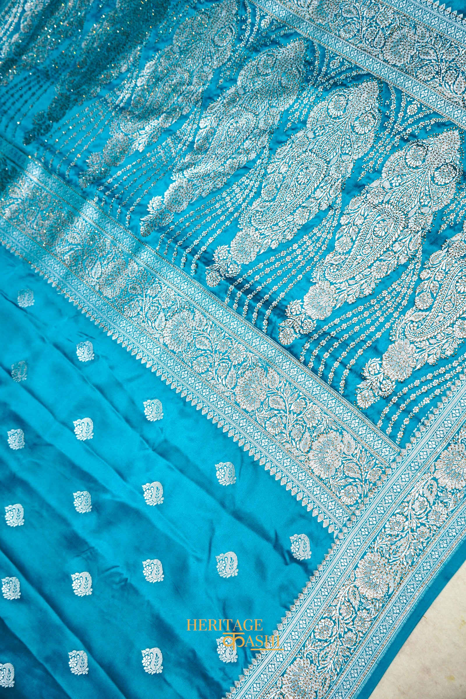 Aqua Blue Swarovski Stone Work Mashru Banarasi Silk Saree
