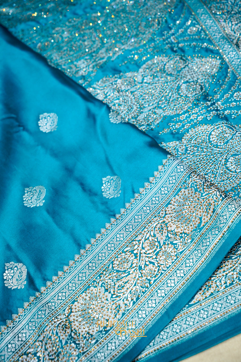 Aqua Blue Swarovski Stone Work Mashru Banarasi Silk Saree