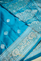 Aqua Blue Swarovski Stone Work Mashru Banarasi Silk Saree