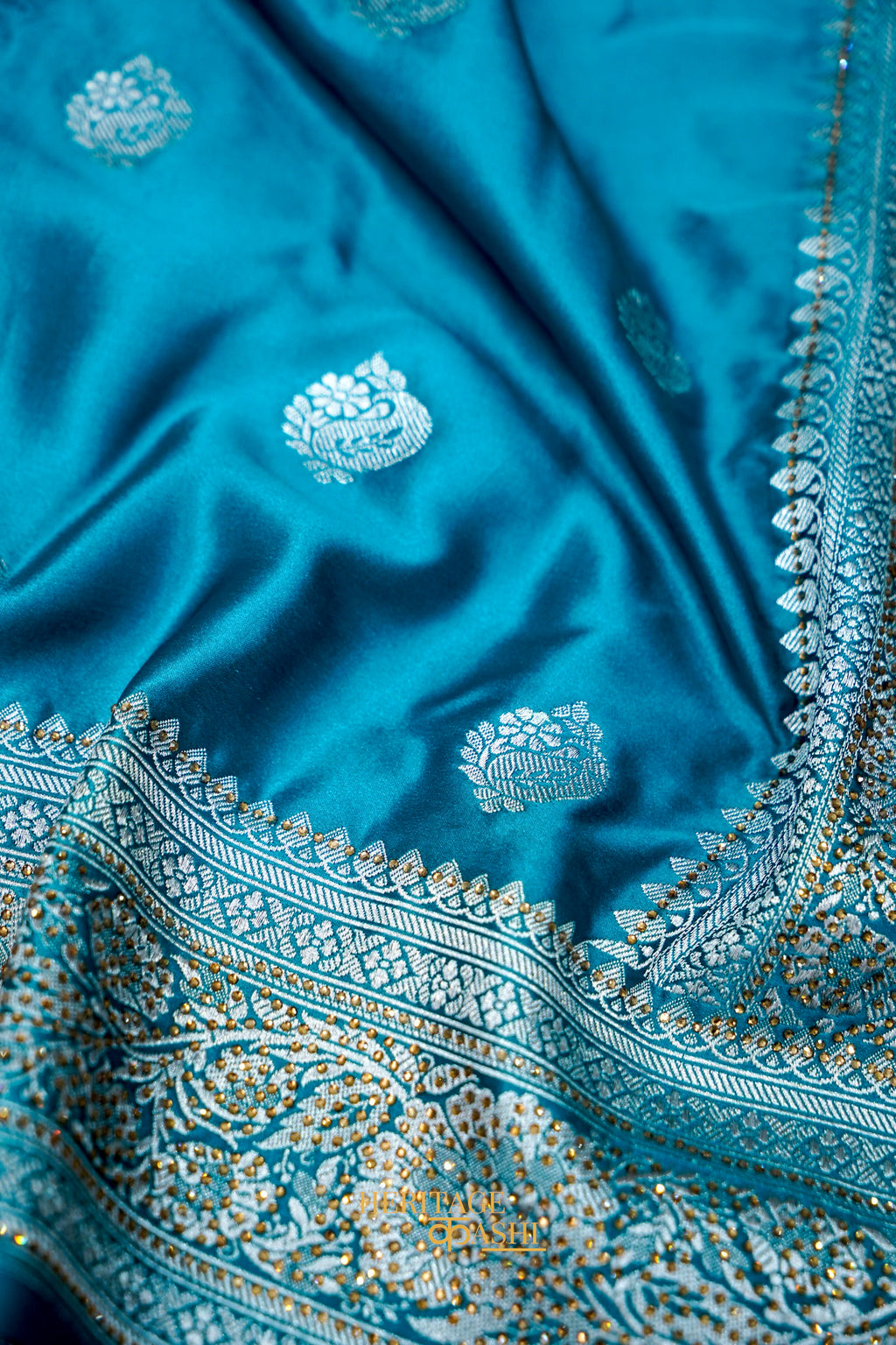 Aqua Blue Swarovski Stone Work Mashru Banarasi Silk Saree