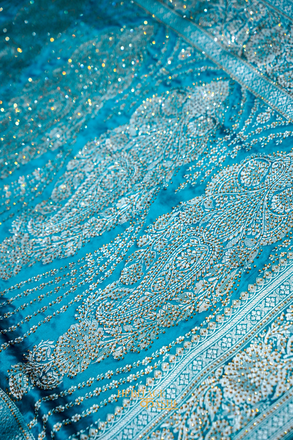 Aqua Blue Swarovski Stone Work Mashru Banarasi Silk Saree