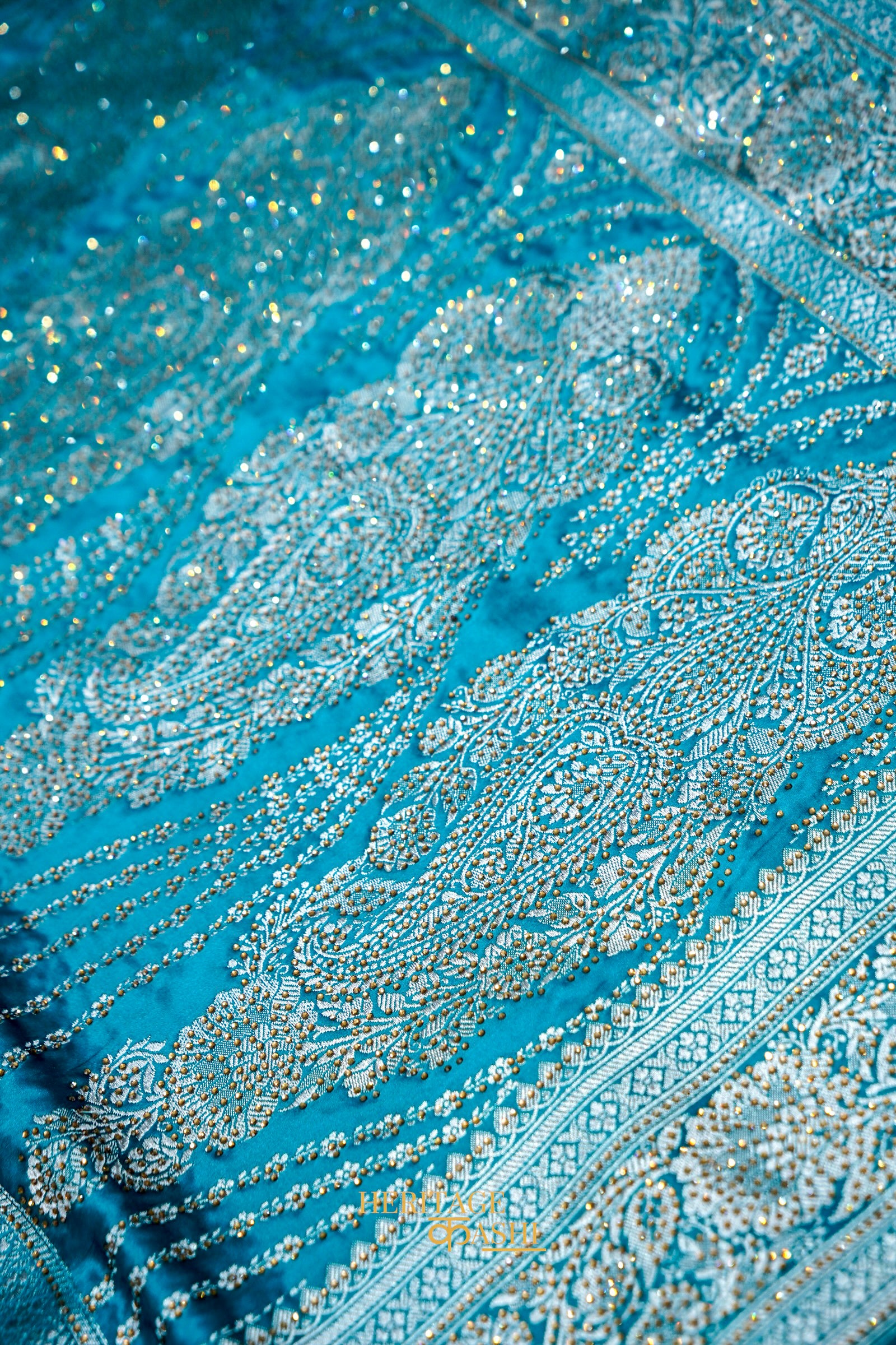 Aqua Blue Swarovski Stone Work Mashru Banarasi Silk Saree