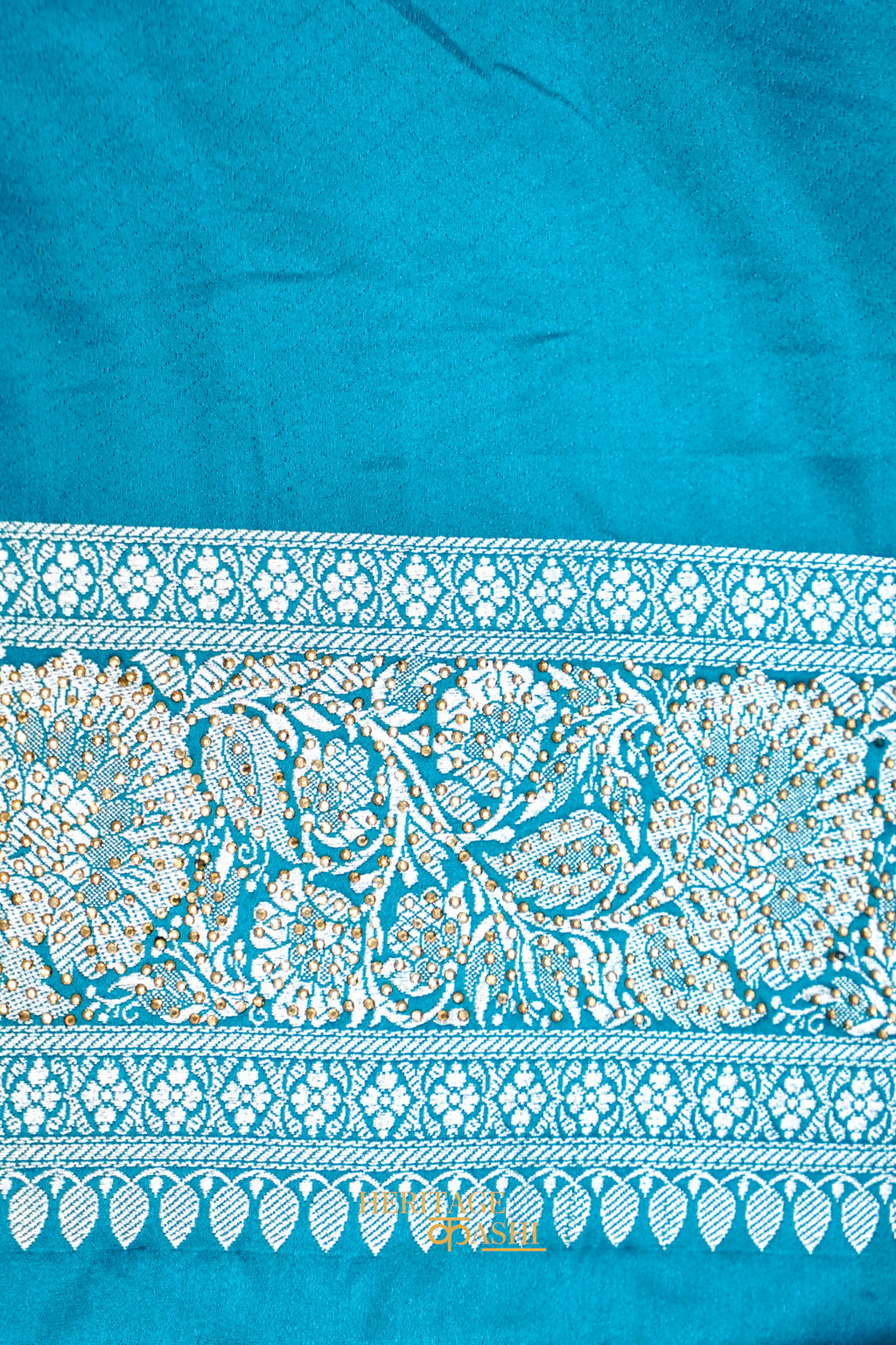 Aqua Blue Swarovski Stone Work Mashru Banarasi Silk Saree