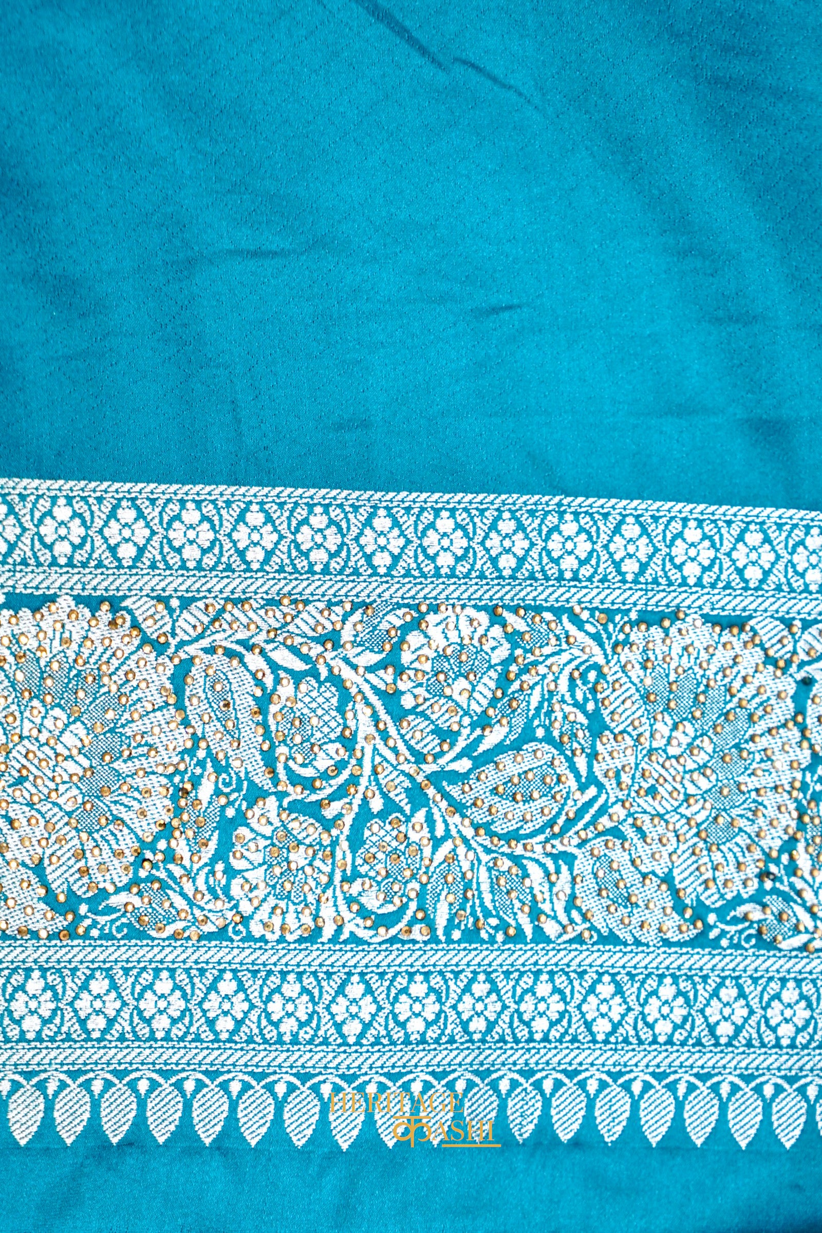 Aqua Blue Swarovski Stone Work Mashru Banarasi Silk Saree