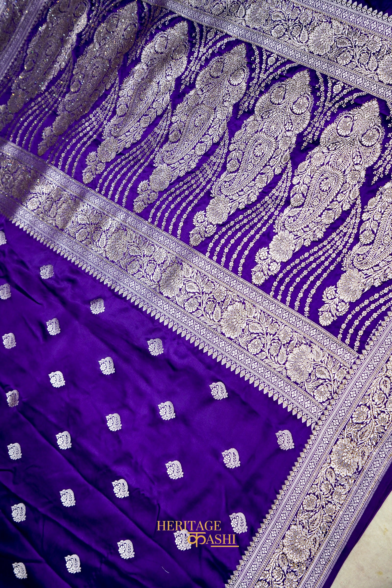 Royal Purple Swarovski Stone Work Mashru Banarasi Silk Saree