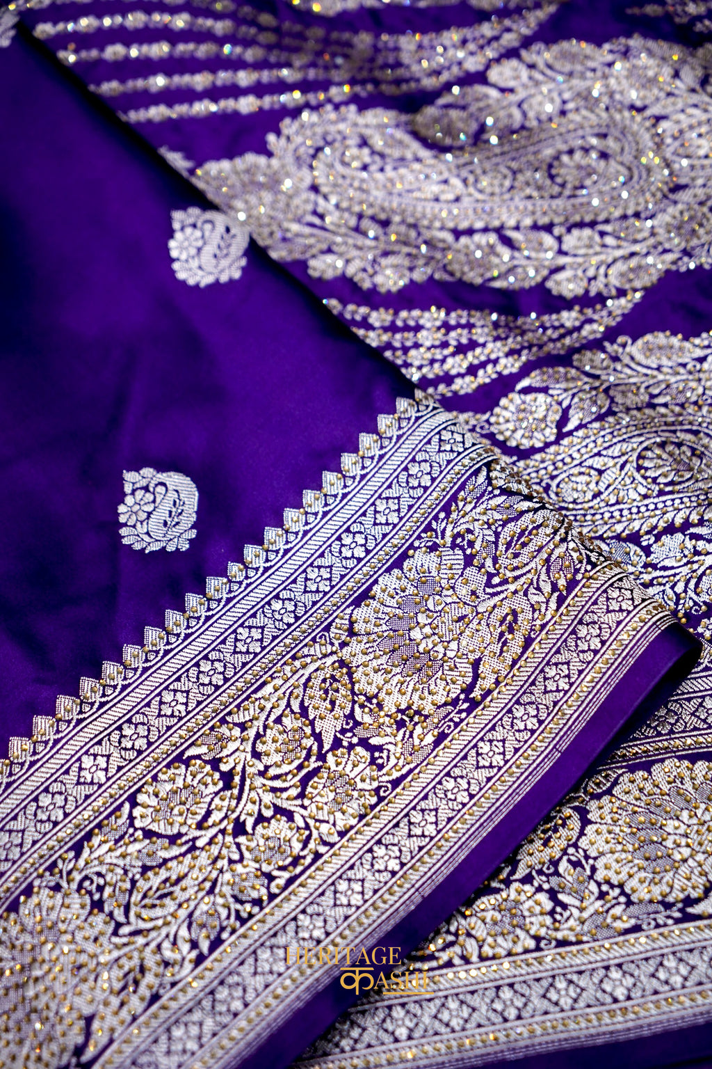 Royal Purple Swarovski Stone Work Mashru Banarasi Silk Saree