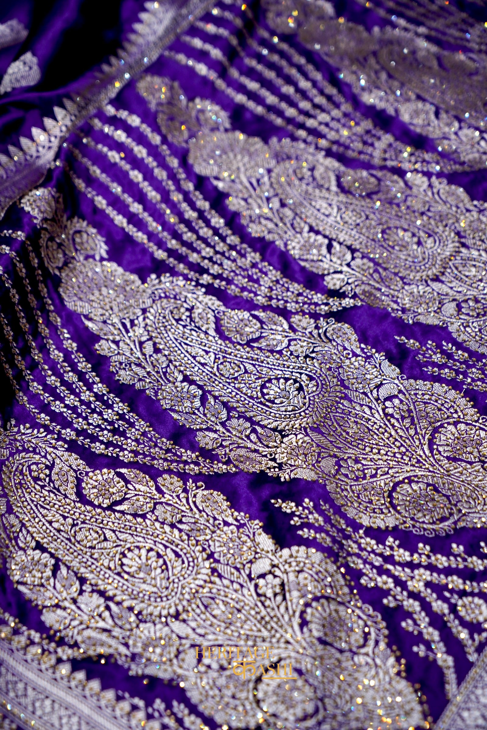Royal Purple Swarovski Stone Work Mashru Banarasi Silk Saree