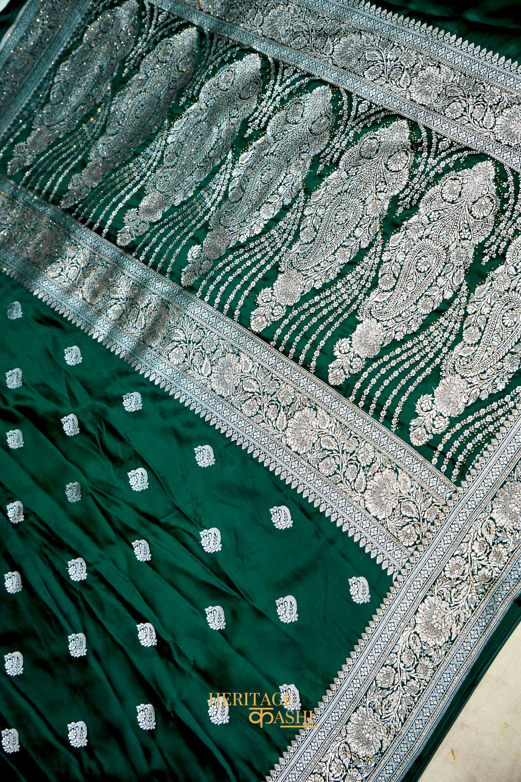 Emerald Green Swarovski Stone Work Mashru Banarasi Silk Saree