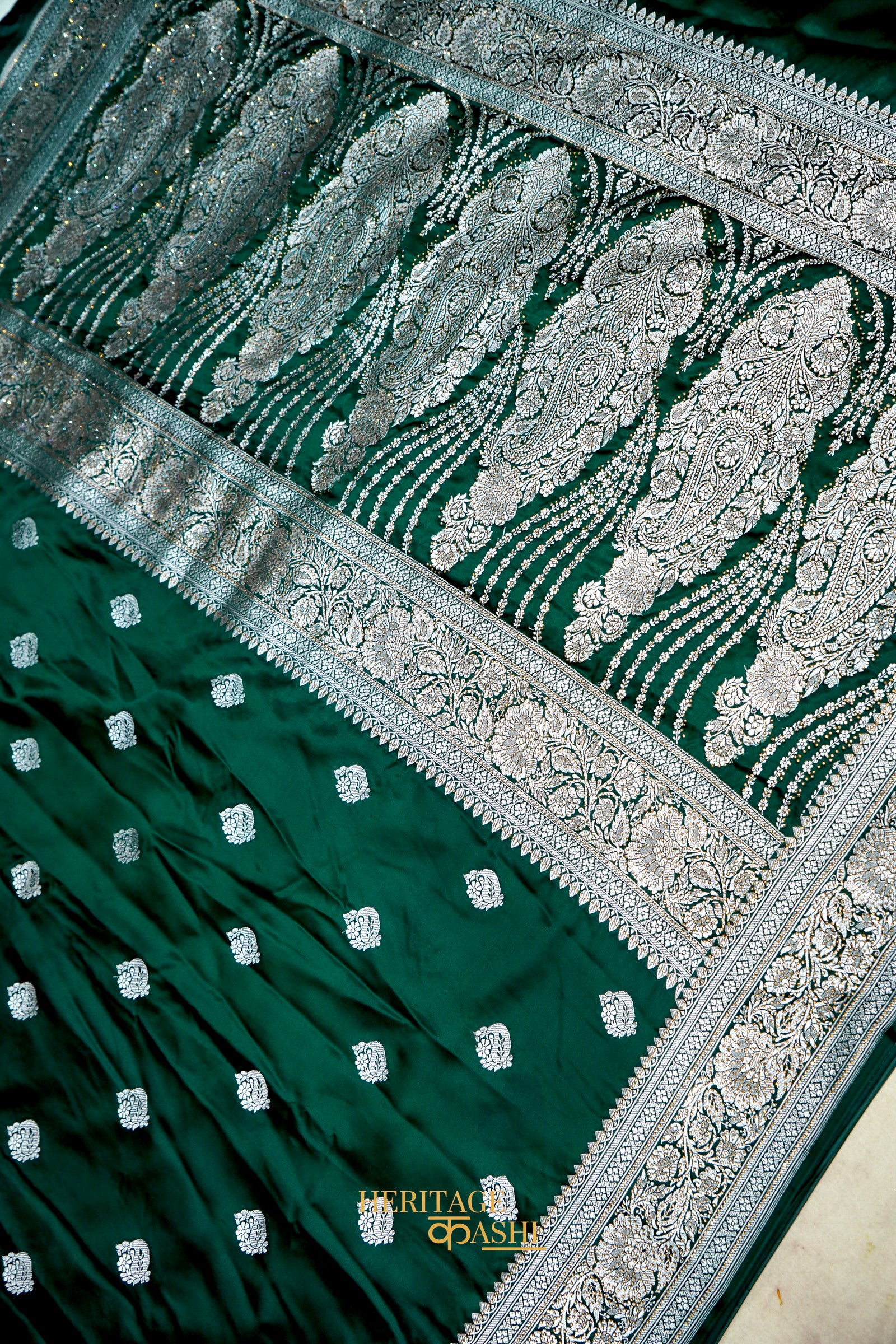 Emerald Green Swarovski Stone Work Mashru Banarasi Silk Saree