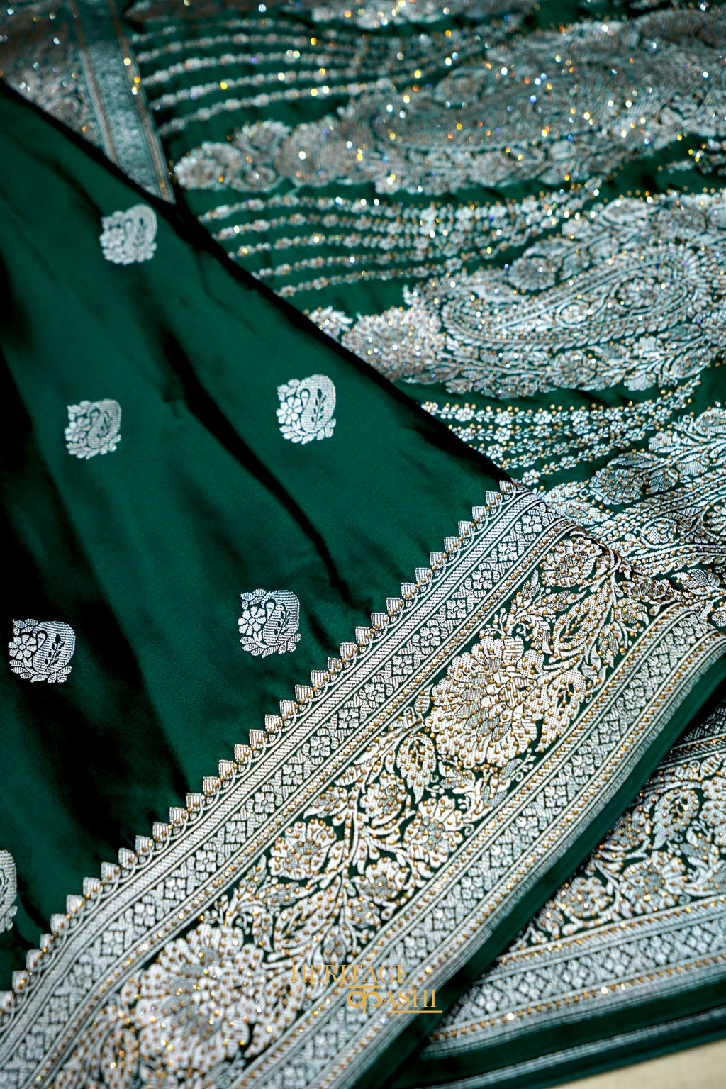 Emerald Green Swarovski Stone Work Mashru Banarasi Silk Saree