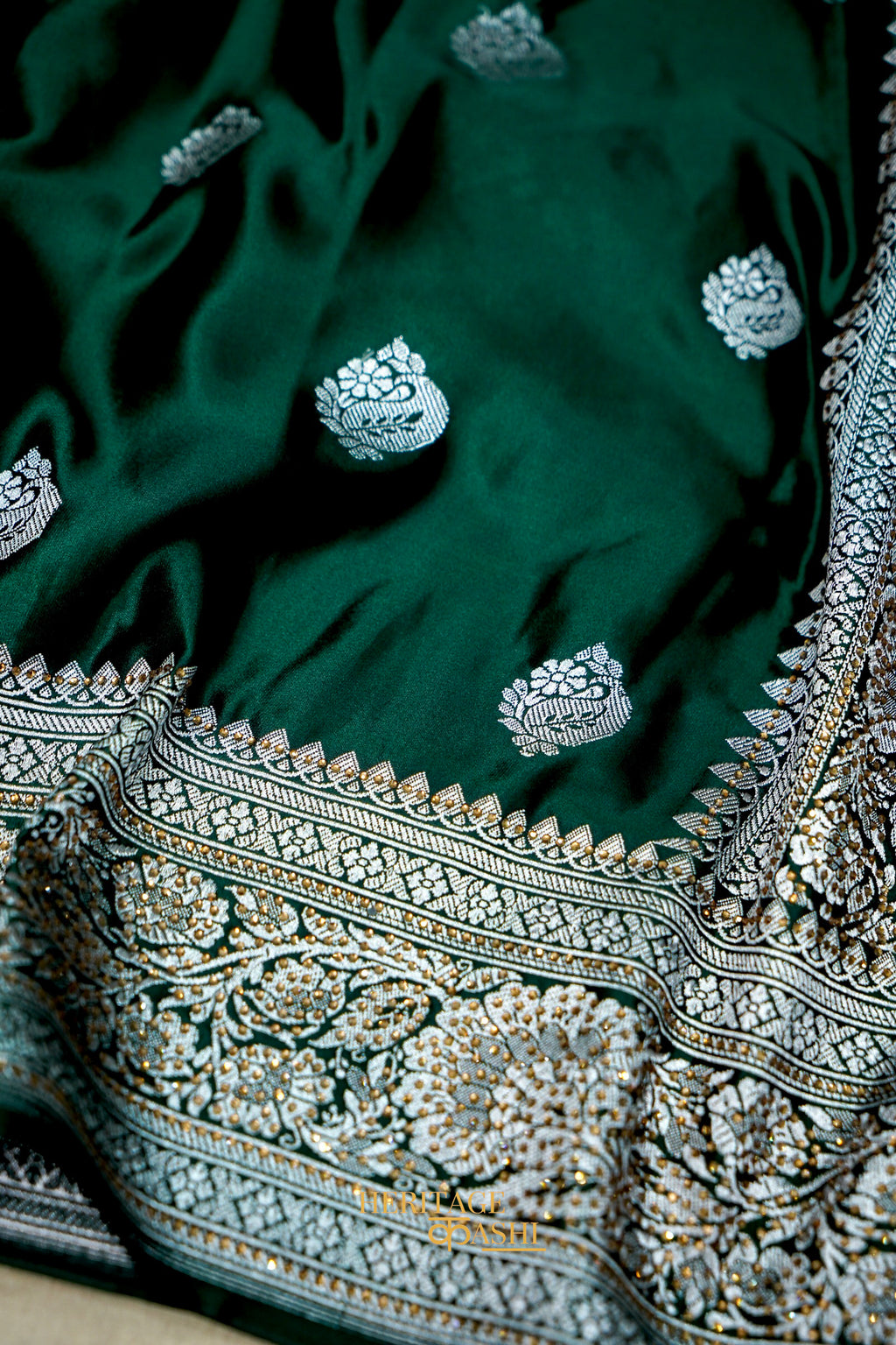 Emerald Green Swarovski Stone Work Mashru Banarasi Silk Saree