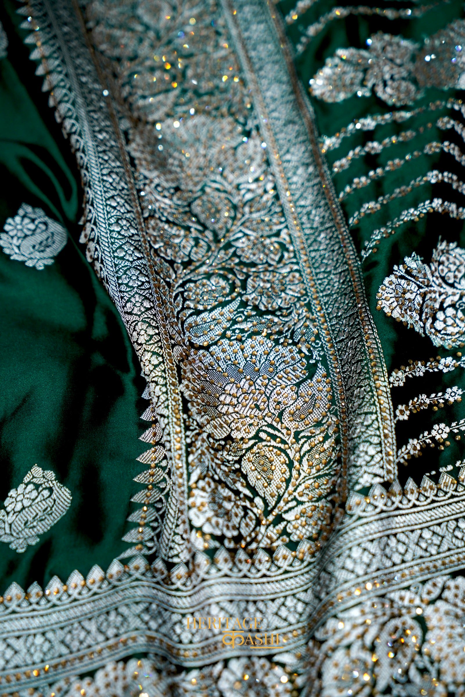 Emerald Green Swarovski Stone Work Mashru Banarasi Silk Saree