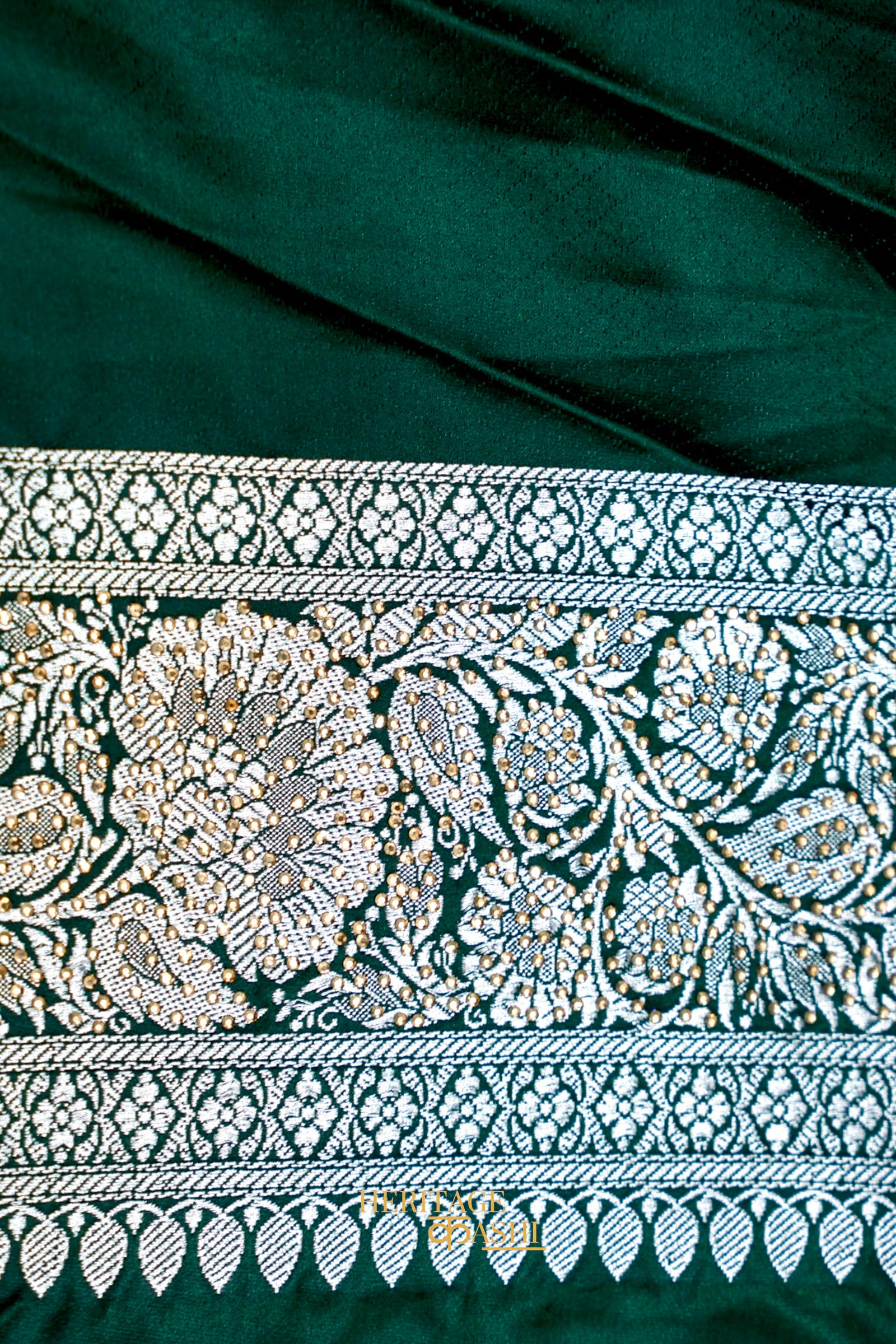 Emerald Green Swarovski Stone Work Mashru Banarasi Silk Saree