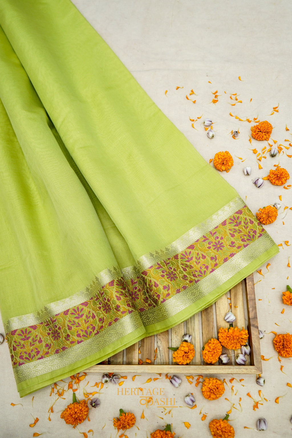 Pista Banarasi Cotton Silk Saree with Plain Body & Tilfi Floral Border