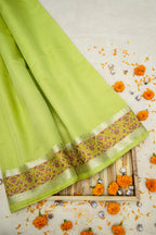 Pista Banarasi Cotton Silk Saree with Plain Body & Tilfi Floral Border