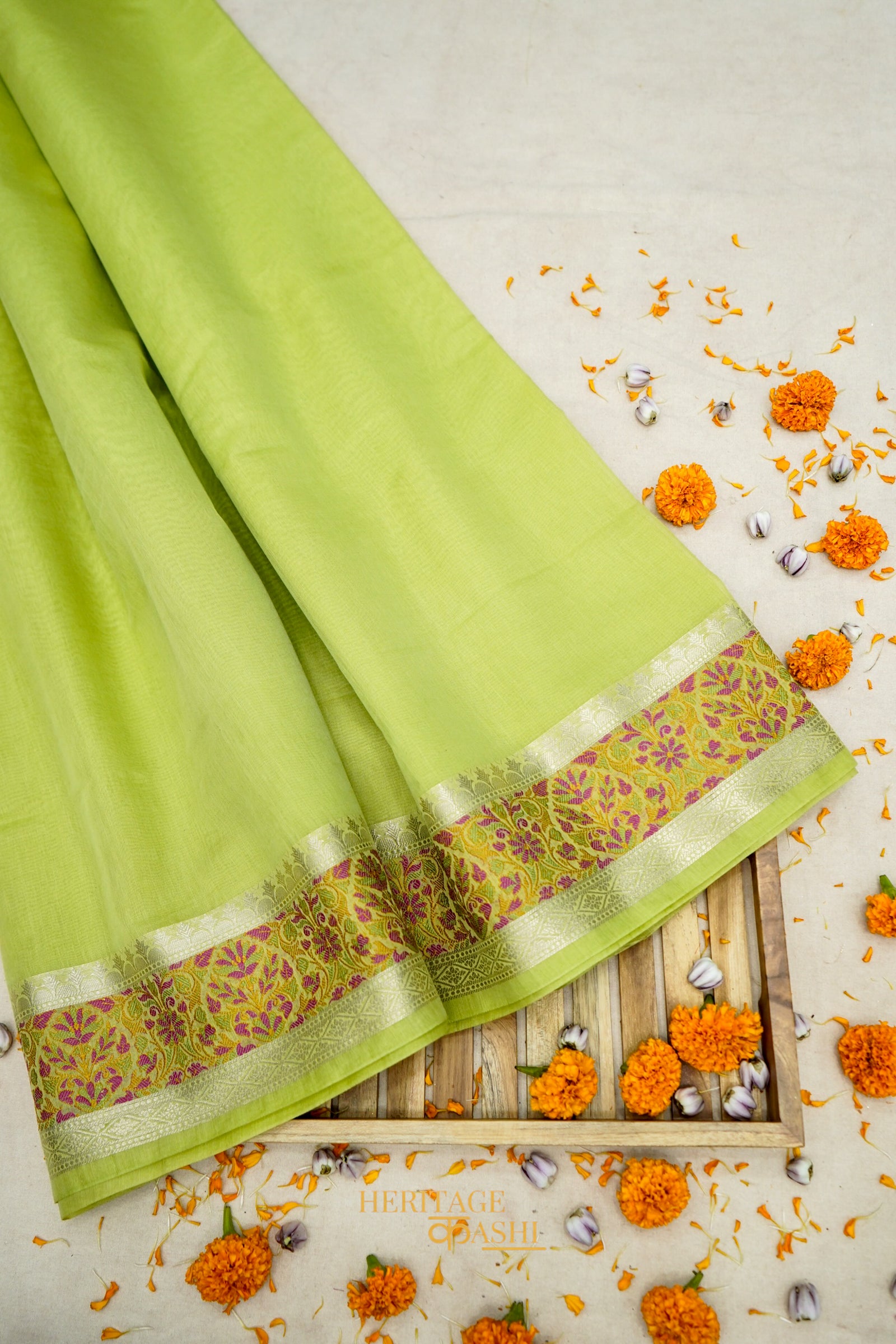 Pista Banarasi Cotton Silk Saree with Plain Body & Tilfi Floral Border