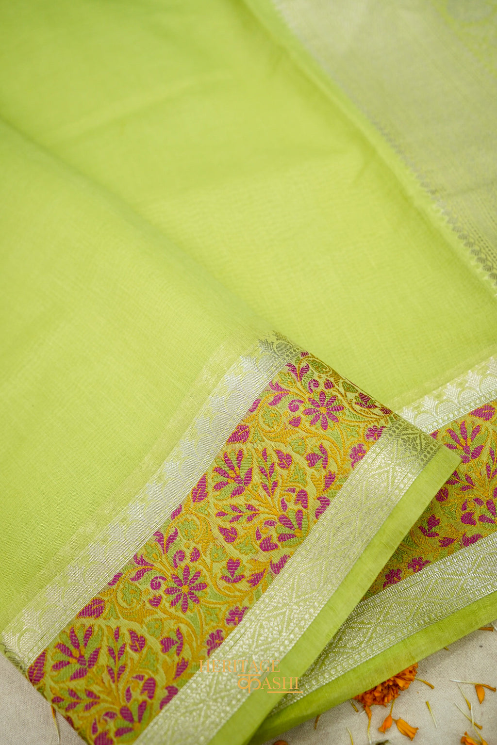 Pista Banarasi Cotton Silk Saree with Plain Body & Tilfi Floral Border