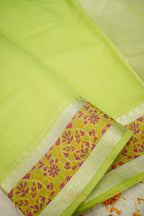 Pista Banarasi Cotton Silk Saree with Plain Body & Tilfi Floral Border