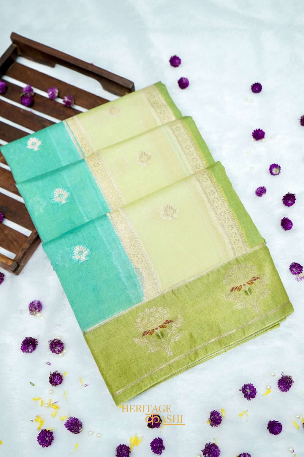 Aqua Mint & Lime Green Viscose Rangkat Silk Saree
