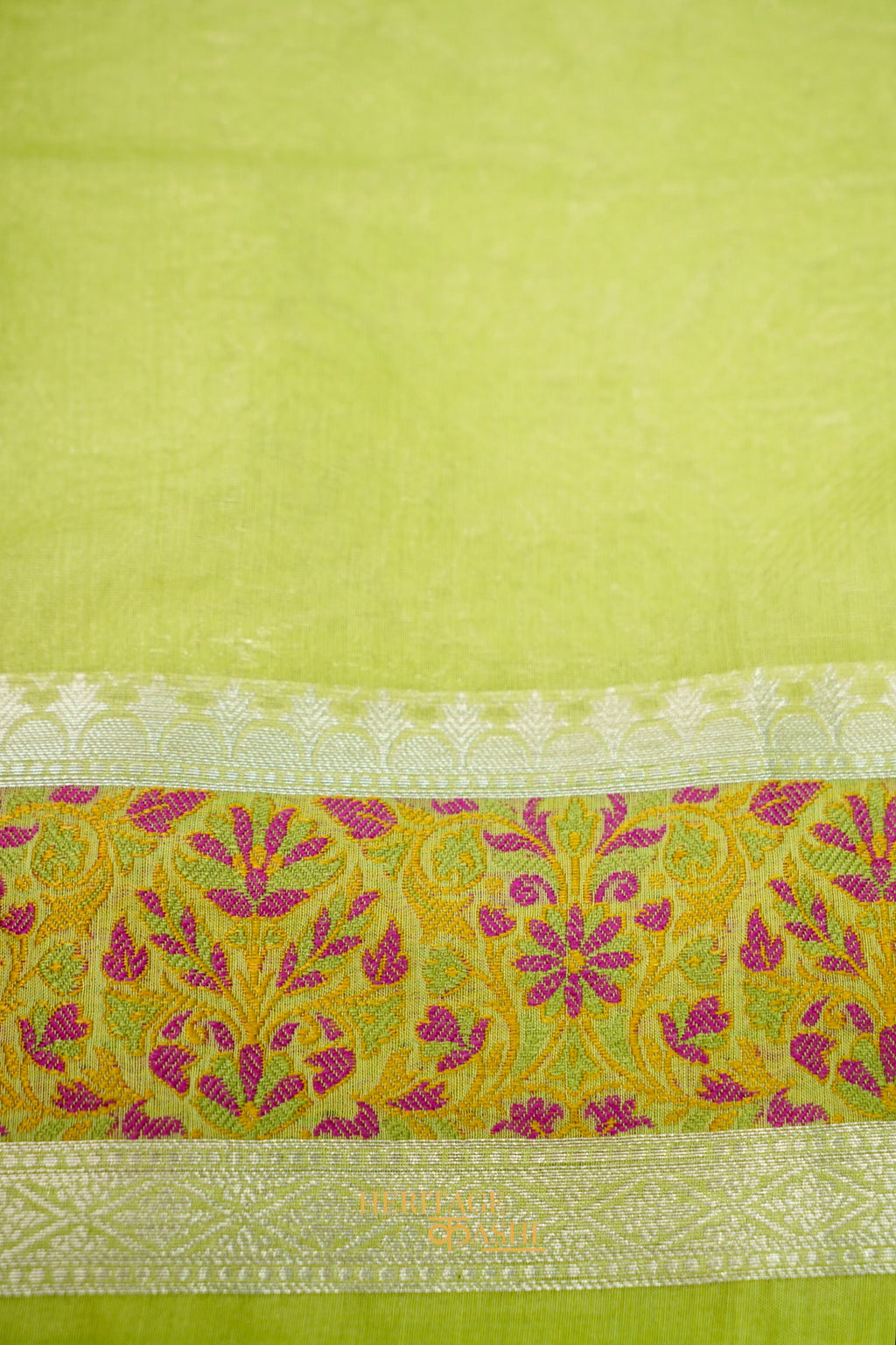 Pista Banarasi Cotton Silk Saree with Plain Body & Tilfi Floral Border