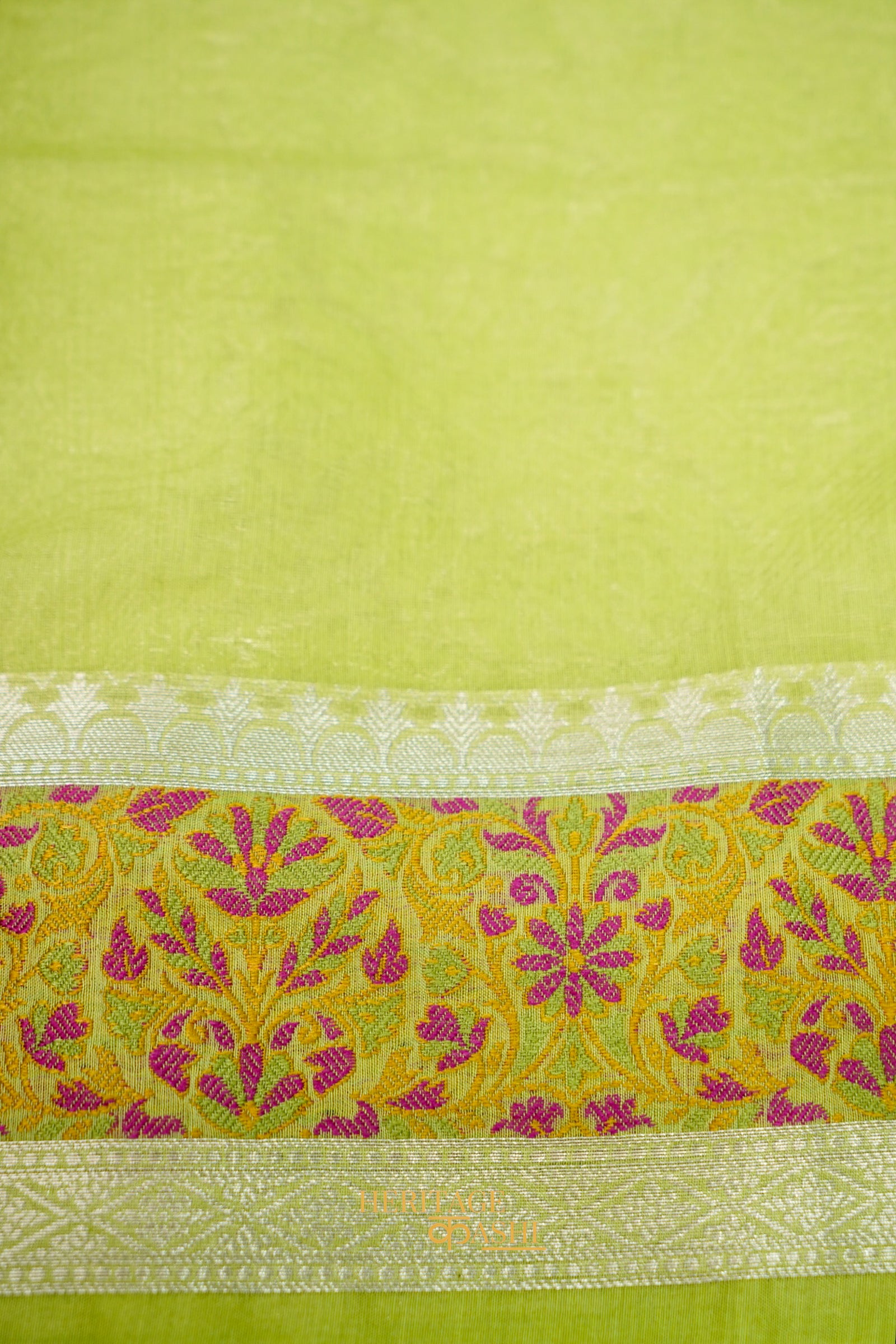 Pista Banarasi Cotton Silk Saree with Plain Body & Tilfi Floral Border