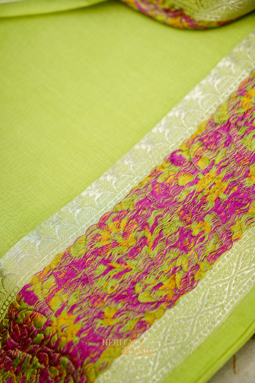 Pista Banarasi Cotton Silk Saree with Plain Body & Tilfi Floral Border