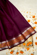 Wine Banarasi Cotton Silk Saree with Plain Body & Tilfi Floral Border