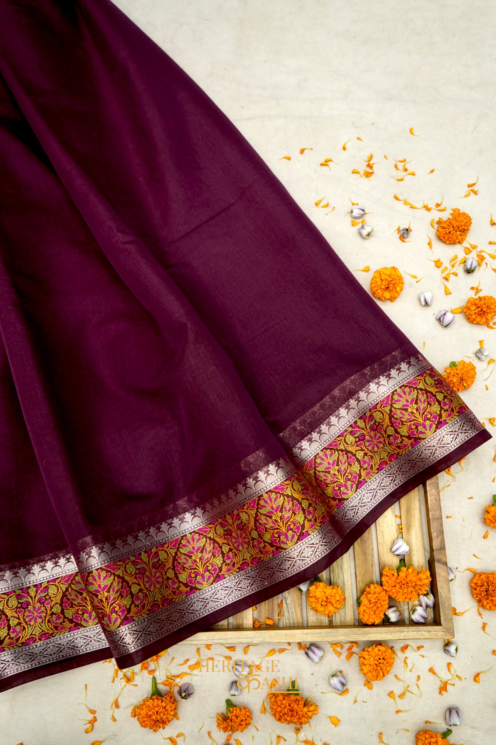 Wine Banarasi Cotton Silk Saree with Plain Body & Tilfi Floral Border