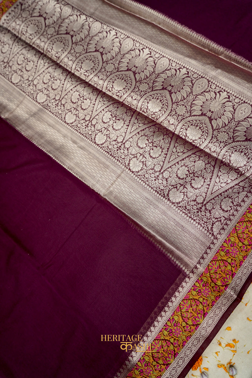Wine Banarasi Cotton Silk Saree with Plain Body & Tilfi Floral Border