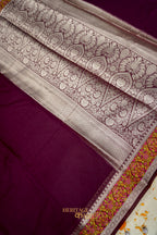 Wine Banarasi Cotton Silk Saree with Plain Body & Tilfi Floral Border